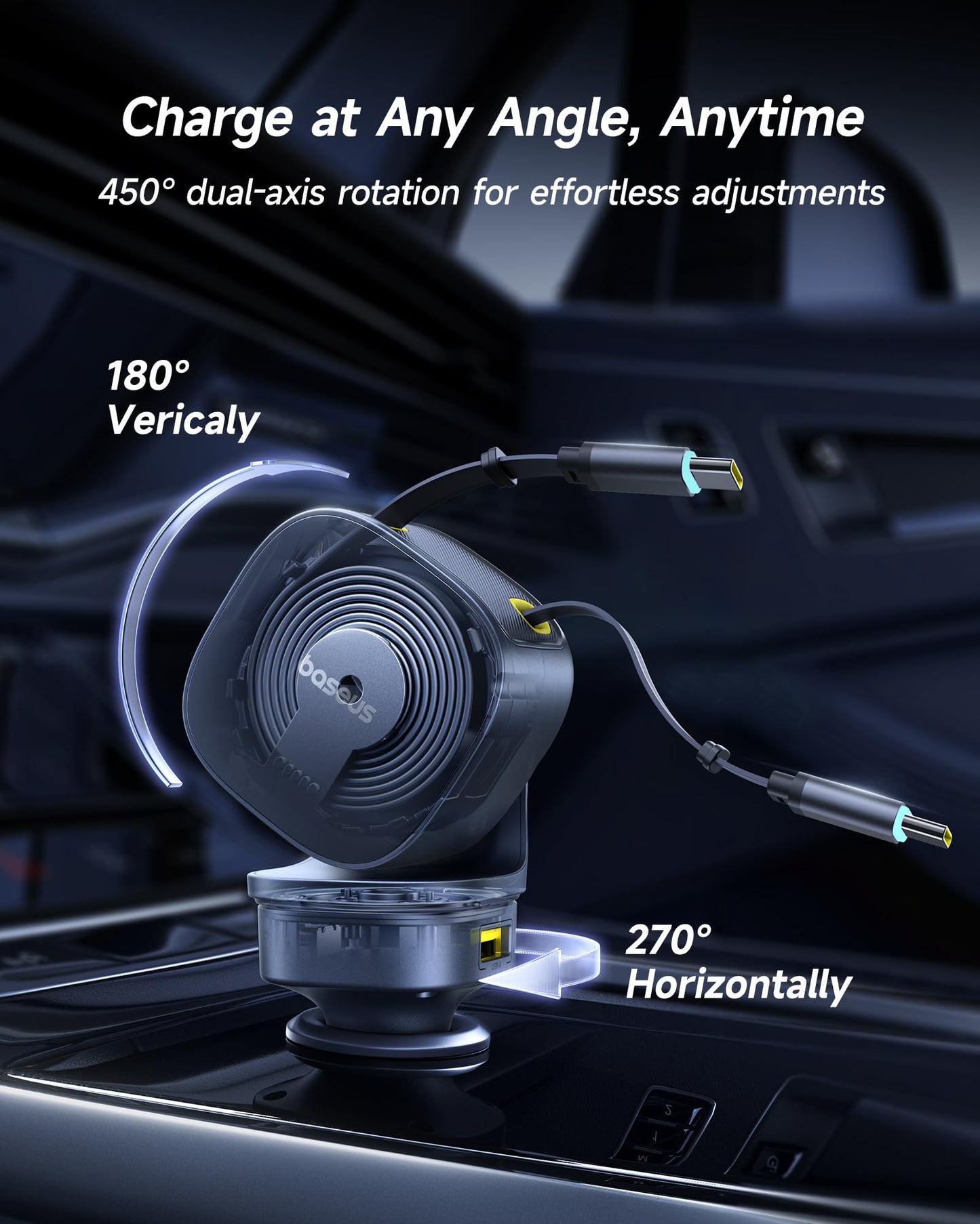 Baseus 163W Retractable Car Charger USB C Fast Charging, PrimeTrip VR2 Max 4 in 1 Fast Car Charger with Dual Retractable USB C Cable for iPhone 16 15 14 Pro Max, Samsung Galaxy S25 Ultra, Android