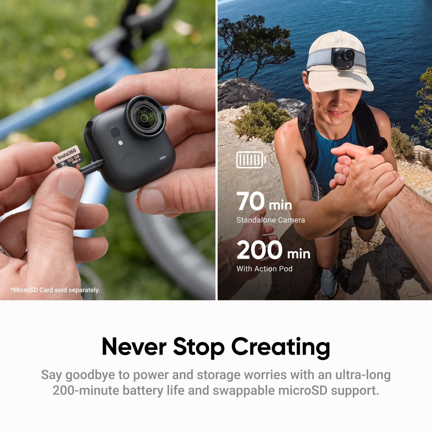 Insta360 GO Ultra Standard Bundle Midnight Black - Tiny Hands-Free 4K Cam, Lightweight & Portable, Low Light Excellence, Mount Anywhere, FlowState Stabilization, 200 Min Battery Life