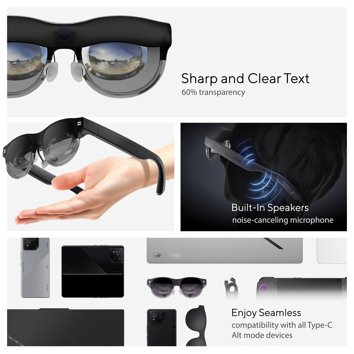 ASUS AirVision M1 Smart AR Glasses - 100" Micro-OLED Wearable Display, 1100 nits, Multi-Screen, Speakers, USB-C, Magnetic Shade, Designed for ROG Ally/Steam Deck/PC/iPhone 16/15/Android/Mac/Tablet