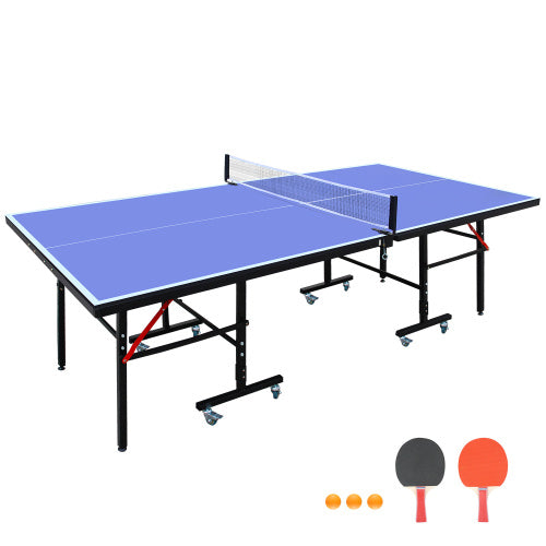 8ft Mid-Size Table Tennis Table Foldable & Portable Ping Pong Table Set For Indoor Games With Net, 2 Table Tennis Paddles And 3 Balls