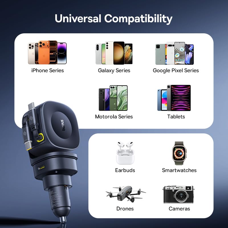 Baseus 163W Retractable Car Charger USB C Fast Charging, PrimeTrip VR2 Max 4 in 1 Fast Car Charger with Dual Retractable USB C Cable for iPhone 16 15 14 Pro Max, Samsung Galaxy S25 Ultra, Android
