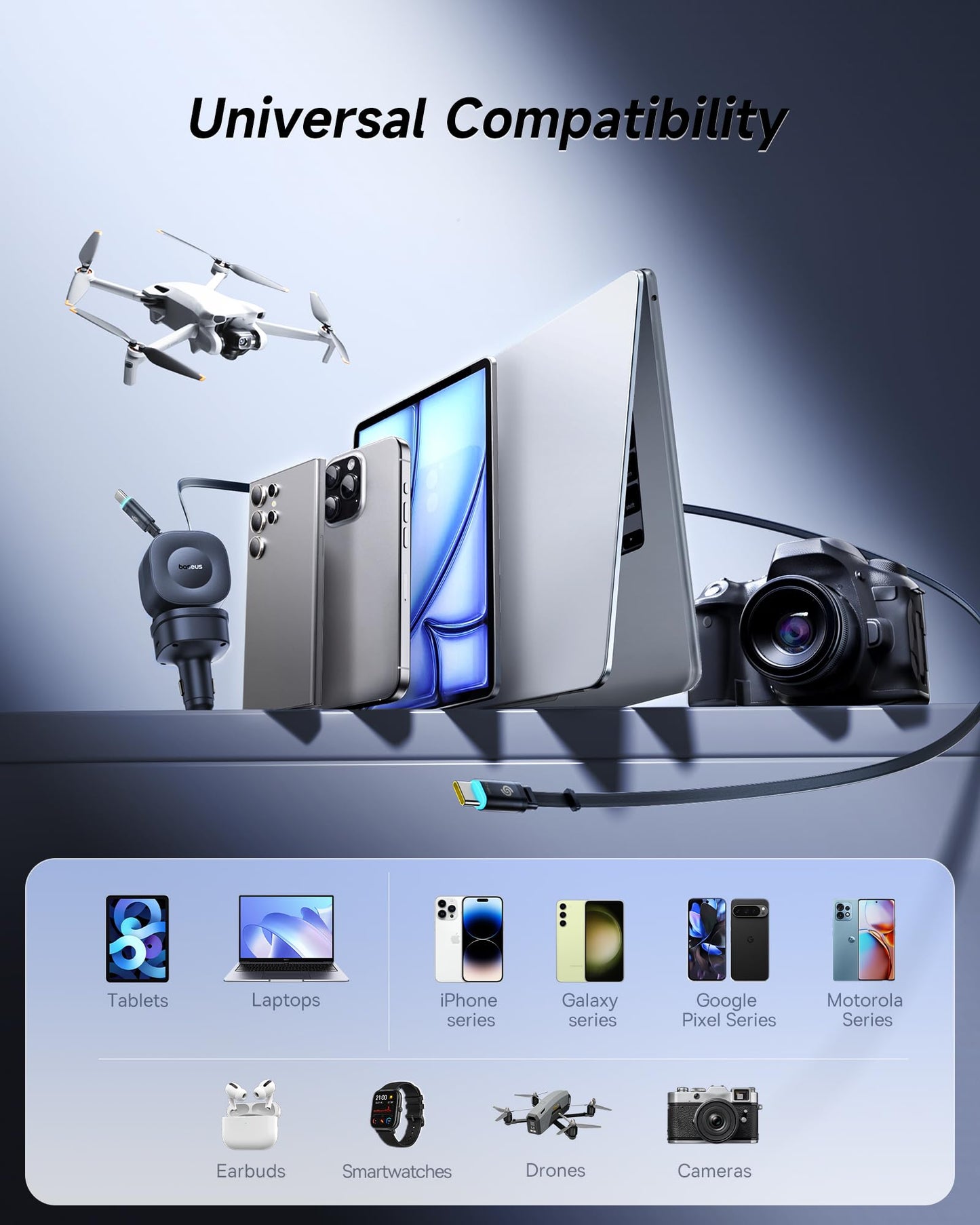 Baseus 163W Retractable Car Charger USB C Fast Charging, PrimeTrip VR2 Max 4 in 1 Fast Car Charger with Dual Retractable USB C Cable for iPhone 16 15 14 Pro Max, Samsung Galaxy S25 Ultra, Android