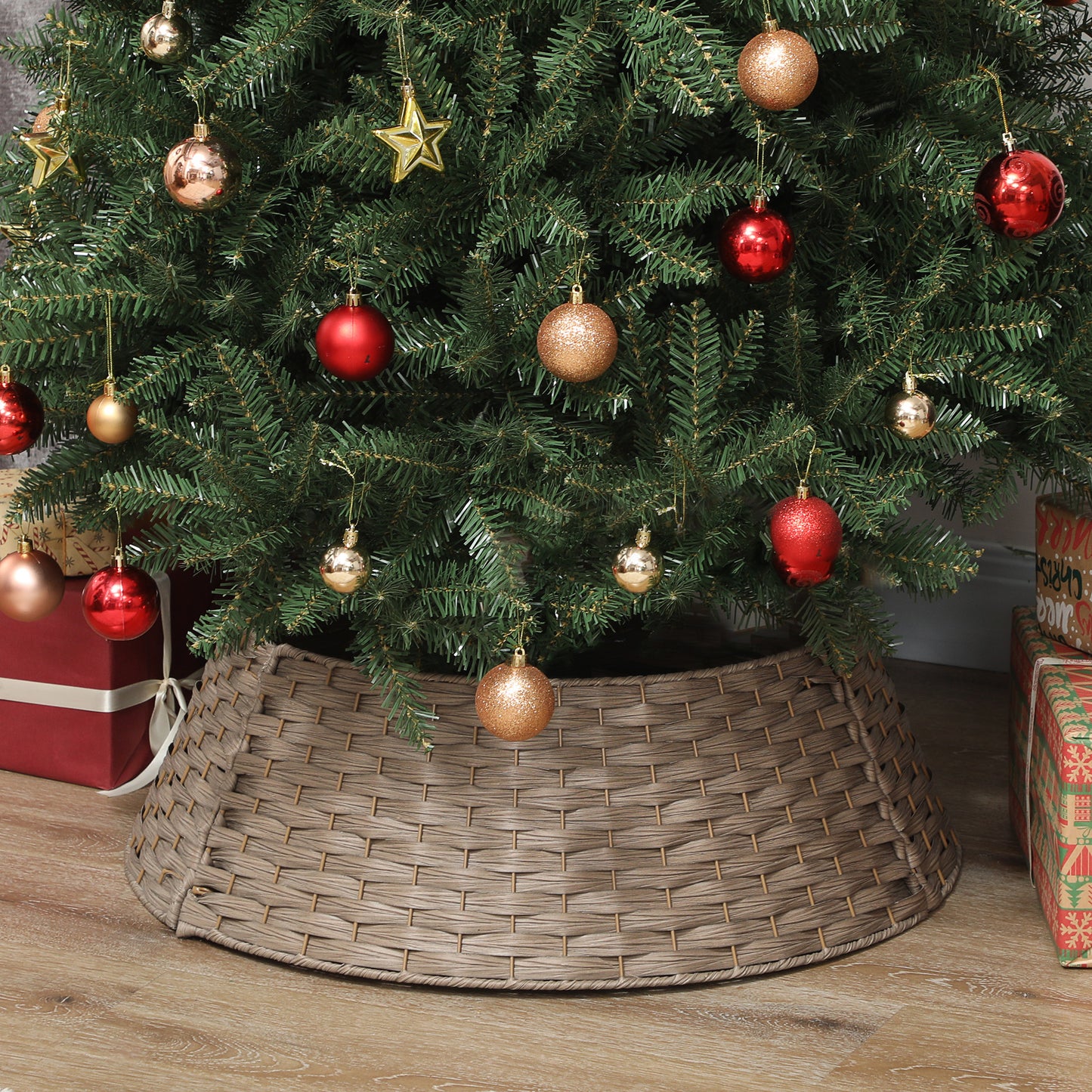27 Inch Rustic Christmas Tree Skirt, Plastic Woven Christmas Tree Collar For Party, Holiday, Home Decoration, Coffee